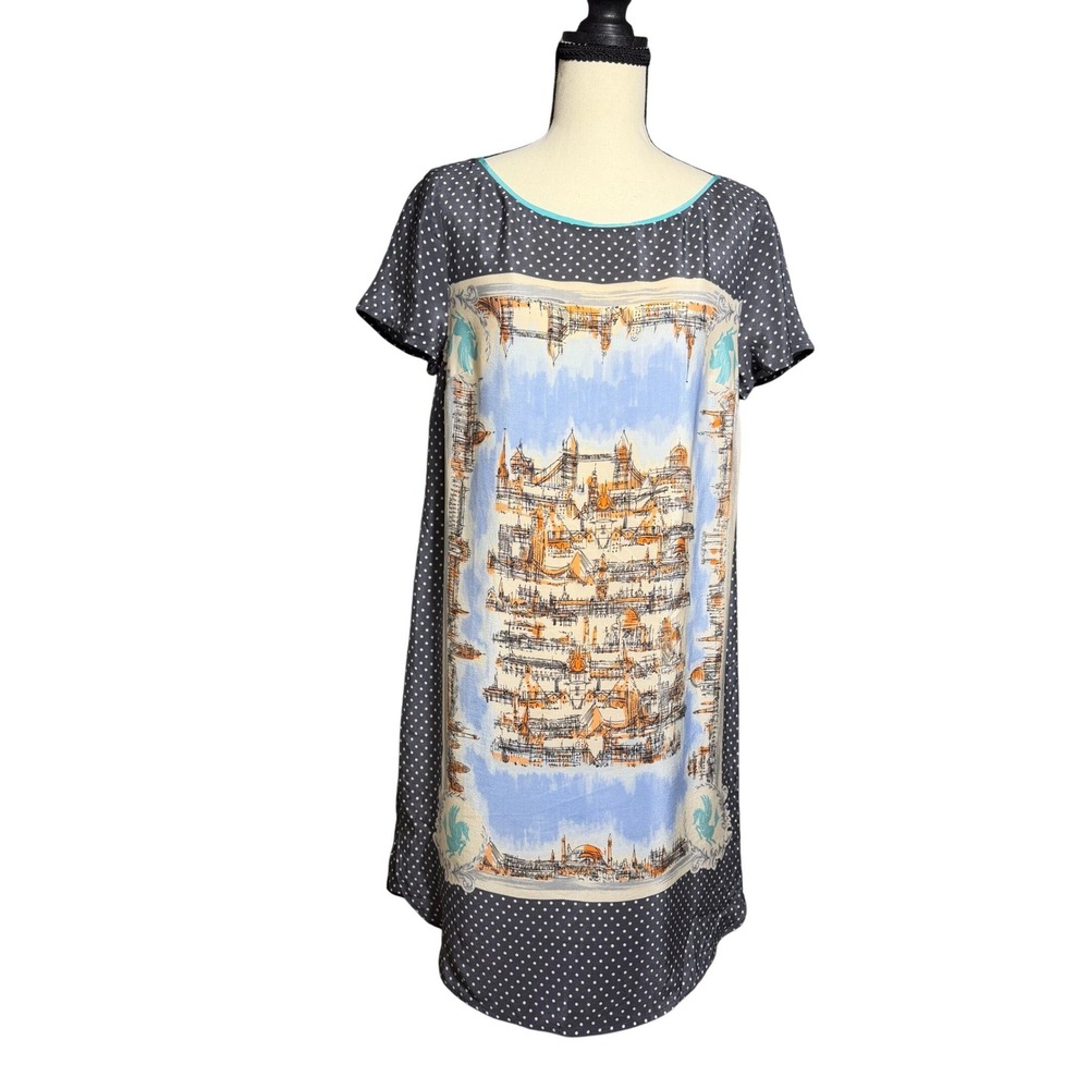 Anthropologie Maeve Silk London Cityscape Polka Dot Shift Dress Blue Gray Small